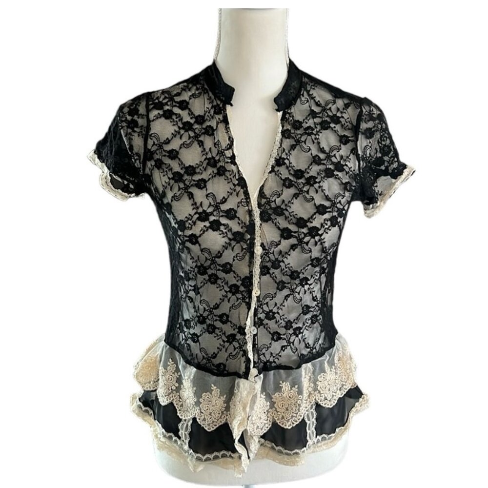 Azelhazel lace blouse medium ruffles black cream pearl buttons